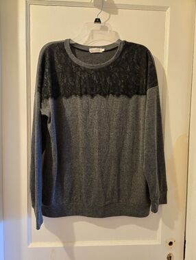 Women's Gray Crewneck Sweater with Black Lace Yoke